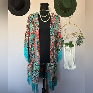 Angie Teal & Red Paisley Fringe Kimono